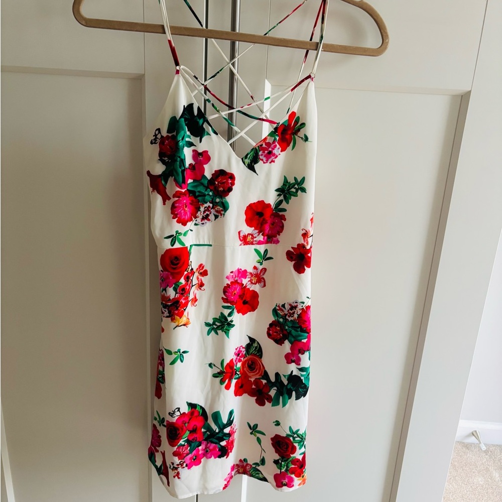 Express White Dress with Red and Green Floral Pattern